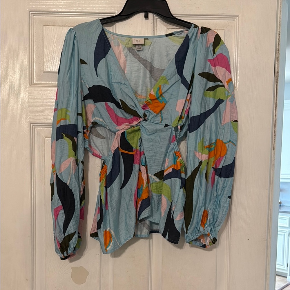 A New Day Blue Puff Sleeve Blouse with Tie Front